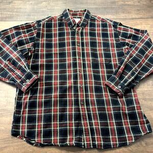 LL Bean Scotch Plaid Flannel Shirt Sz Large Black Red Camp Cabin Cotton Grunge